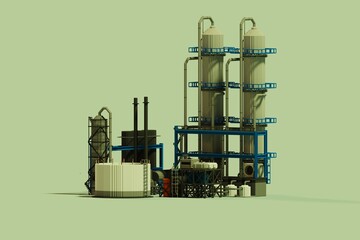 Crude oil refinery plant in isometric view. The overall design is minimalistic, focusing on essential elements to represent the complex operations of an oil refinery. For projects related to energy