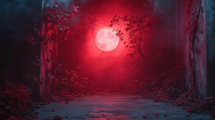 Obraz premium A full blood-red moon illuminates a mysterious overgrown pathway
