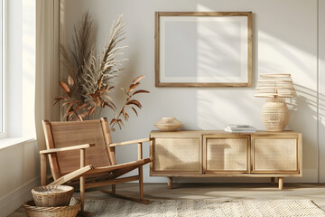 Living room interior with frame mock up, natural wooden furniture and trendy home accessories on bright beige background, 3d render. Generative Ai.