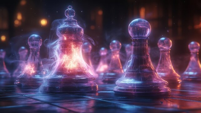 Glass chess pieces glow with ethereal light in a mystical setting