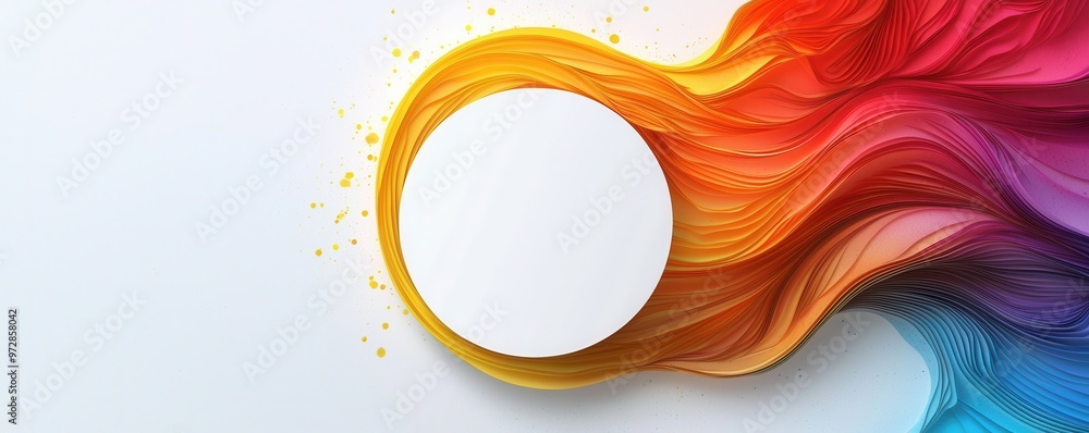 Poster white circle with vibrant, colorful abstract shapes in a dynamic flowing pattern on a light backgrou