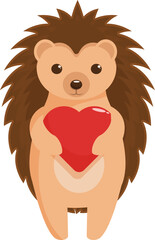 Adorable cartoon hedgehog standing and holding a red heart