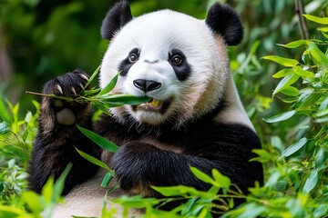 Fototapeta premium A panda munching on bamboo, sitting comfortably in a patch of greenery, its black-and-white fur striking against the leaves