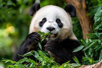Obraz premium A panda munching on bamboo, sitting comfortably in a patch of greenery, its black-and-white fur striking against the leaves