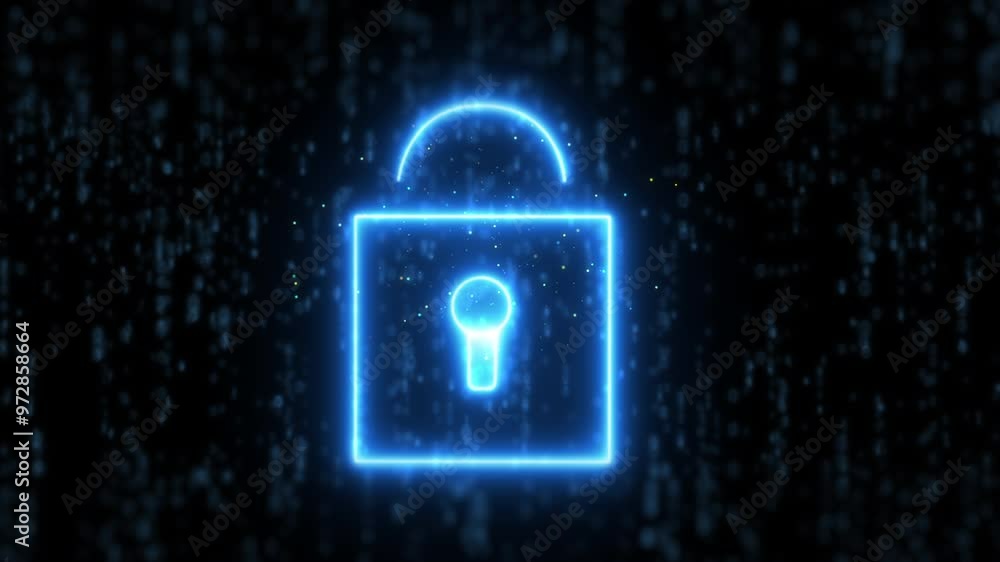 Aufkleber Server, digital and process of cybersecurity, lock and overlay of interface, programming and system. Futuristic, coding and animation of connection, flow and software of database and dark background