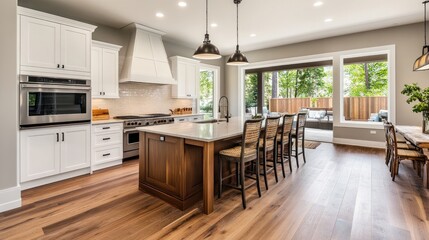 A modern kitchen featuring high-end appliances and rustic wooden flooring, creating a warm yet elegant atmosphere