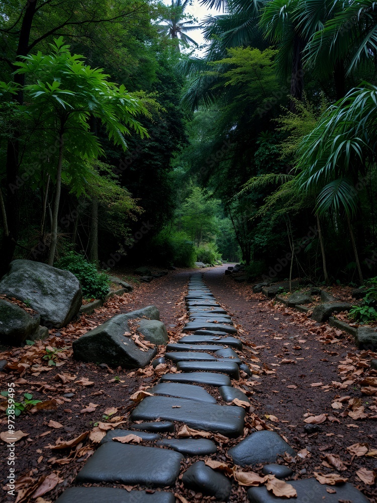 Canvas Prints Stone path through a lush, green forest.