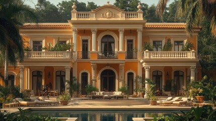 Naklejka premium A grand Mediterranean-style mansion with a swimming pool and lush landscaping