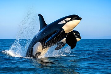 Fototapeta premium A pod of orcas breaching the ocean's surface, communicating with each other through clicks and whistles as they hunt together