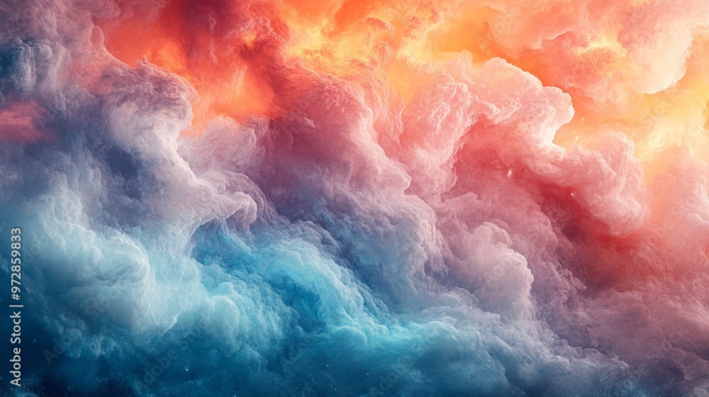 Poster a vibrant artwork featuring abstract clouds blending warm and cool hues, captivating the viewer with