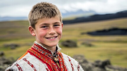 Tranquil Teenage Icelandic Boy in National Costume Embracing the Volcanic Beauty with a Candid Smile