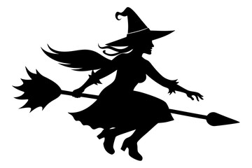 Witch flying on a broomstick silhouette, Halloween witch with broom vector illustration