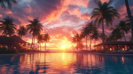 Luxurious tropical resort at sunset, with palm trees swaying in the breeze and the sky filled with vibrant colors. 4K hyperrealistic photo.