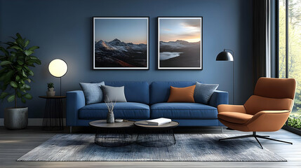 A modern living room featuring a blue sofa, artwork, and stylish decor.