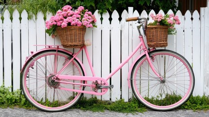 A pink bicycle with a wicker basket full of flowers, leaning against a white picket fence