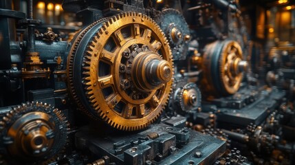 Intricate gears and chains of a large industrial machine