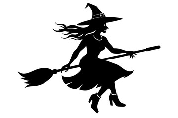 Witch flying on a broomstick silhouette, Halloween witch with broom vector illustration