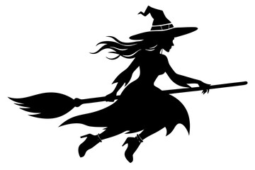 Witch flying on a broomstick silhouette, Halloween witch with broom vector illustration