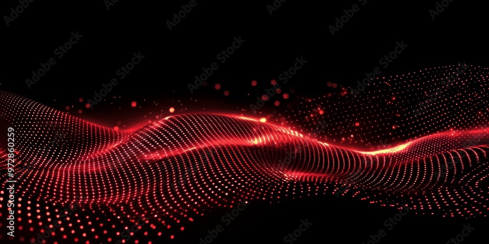 Aufkleber in a dark expanse, countless red particles weave and swirl, forming dynamic waves of light that puls