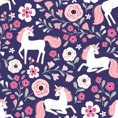 Seamless vector pattern with cute hand drawn unicorns on floral background. Perfect for textile, wallpaper or print design. EPS 10 vector file. © MirabellePrint