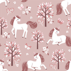 Seamless vector pattern with cute hand drawn unicorns on floral background. Perfect for textile, wallpaper or print design. EPS 10 vector file. © MirabellePrint