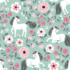 Seamless vector pattern with cute hand drawn unicorns on floral background. Perfect for textile, wallpaper or print design. EPS 10 vector file.