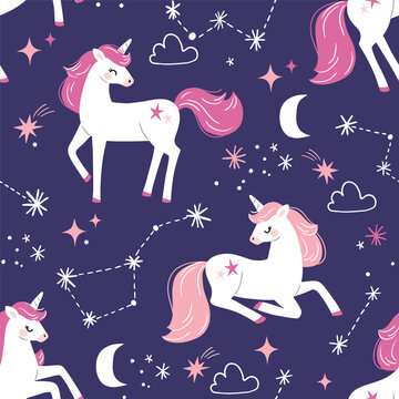 Seamless vector pattern with cute hand drawn unicorns, stars and moon. Perfect for fabric, wallpaper, wrapping paper or nursery decor. EPS 10 vector file.