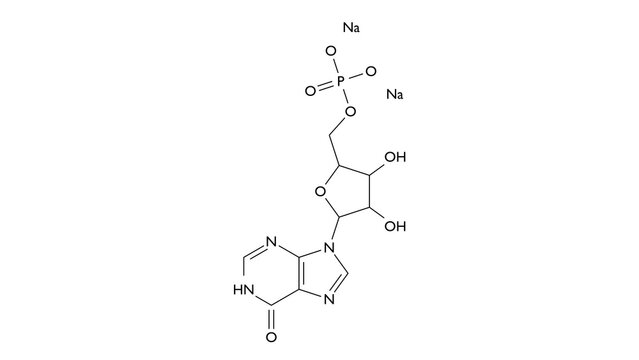 disodium inosinate molecule, structural chemical formula, ball-and-stick model, isolated image e631
