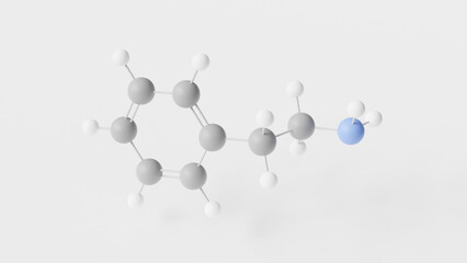 phenethylamine molecule 3d, molecular structure, ball and stick model, structural chemical formula natural monoamine alkaloid