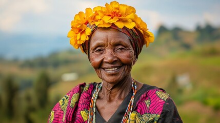 Radiant Elderly Rwandan Woman Embracing Natural Beauty Against Savanna Backdrop