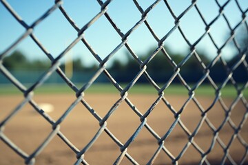 Close-up view of a chain link fence surrounding a baseball field during a sunny afternoon