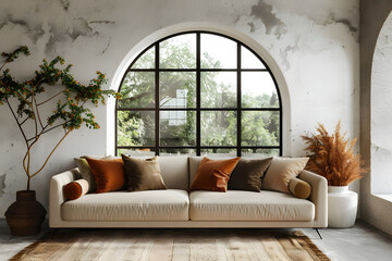 Loft home interior design of modern living room. beige sofa with terra cotta pillows against arched window near stucco wall 3d render. Generative Ai.