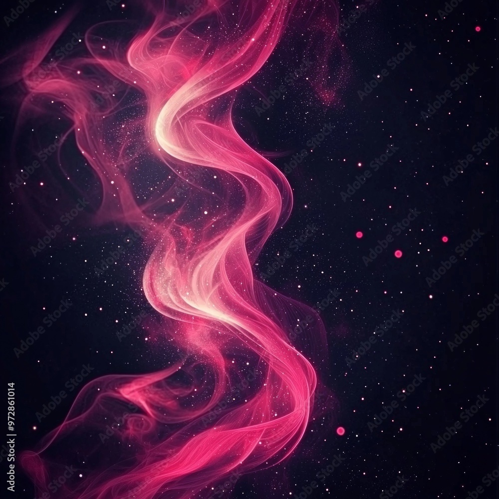 Poster vibrant red particles swirl gracefully in a deep cosmic space, illuminating the darkness with their 