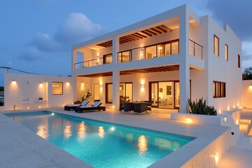Fototapeta premium The Glowing Grandeur of a Luxurious House with a Modern Minimalist Exterior and Doorway at Night