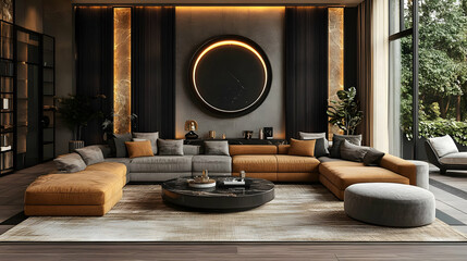 A modern living room featuring a large sectional sofa and stylish decor elements.