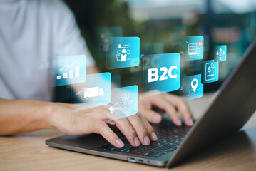 B2C digital concept, business to customer marketing strategy technology. Business shopping supply chain connection, communication feedback, online market, E-commerce. Man use computer with invest icon