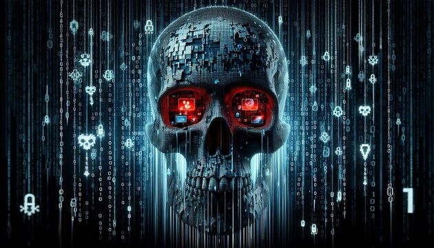 The image shows a digital illustration of a skull with red glowing eyes against a background of cascading binary code. This visual represents themes of cybersecurity threats or artificial intelligence