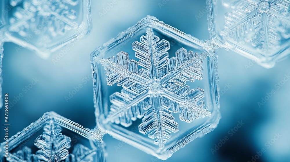 Poster snowflakes arranged in a precise, hexagonal grid on a frosty window, creating a natural geometric pa