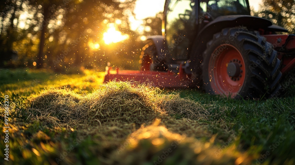 Wall mural Mowing the Lawn at Sunset