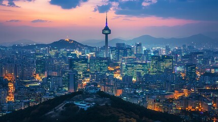 Obraz premium A panoramic view of the Seoul skyline at dusk.