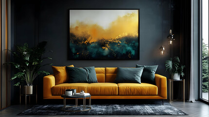 A modern living room featuring a yellow sofa, abstract art, and decorative plants.