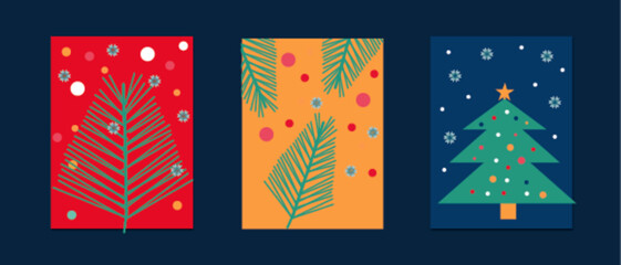 Merry Christmas and Happy New Year Set of greeting card, poster, holiday cover. Modern Xmas design in simple geometric style in green, red, pink and blue colors for ads, sales, print, season greetings © Naz