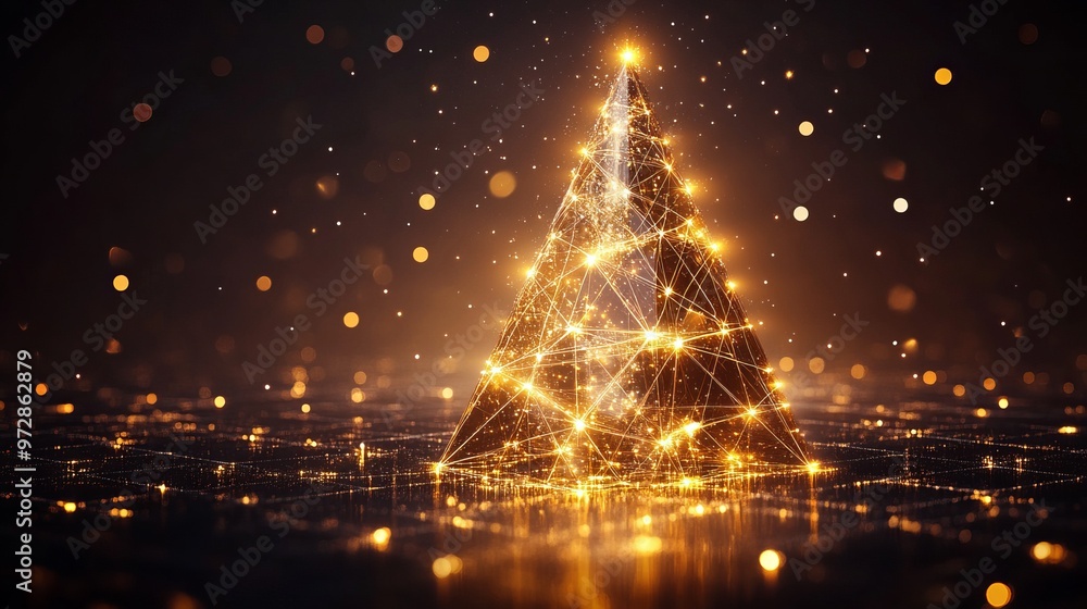 Poster abstract christmas tree made from overlapping triangles of light, creating a modern, geometric holid
