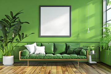 Loft style Living room and green wall sofa mock up frame - 3d rendering. Generative Ai.