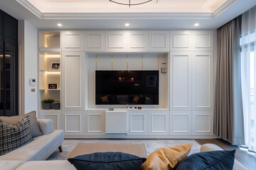 Cabinet for TV on the white wall in living room. Generative Ai.