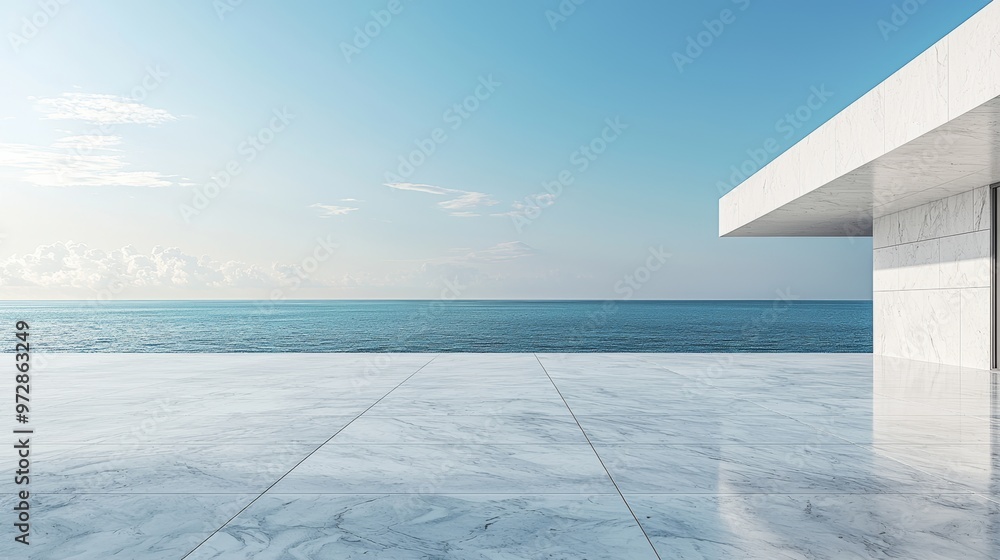 Poster the backdrop of this 3d rendering is of a clear sky over an empty concrete floor and gray wall.