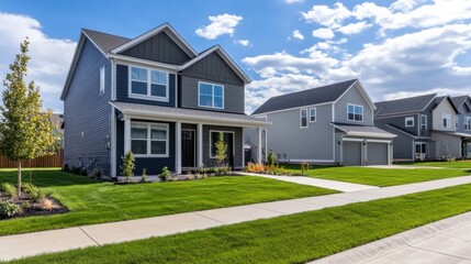 Newly constructed homes in a modern suburban neighborhood, with well-kept lawns