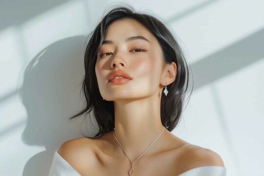 Beautiful asian model wearing silver earrings and a necklace wearing a white elegant long sleeve. Shadows decorating the image