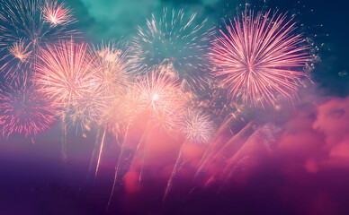 Fototapeta premium Colorful firework with bokeh background. New Year celebration, Abstract holiday background