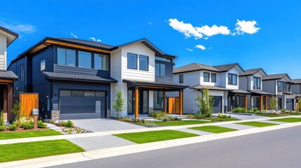 Newly constructed suburban homes with modern architecture, freshly landscaped
